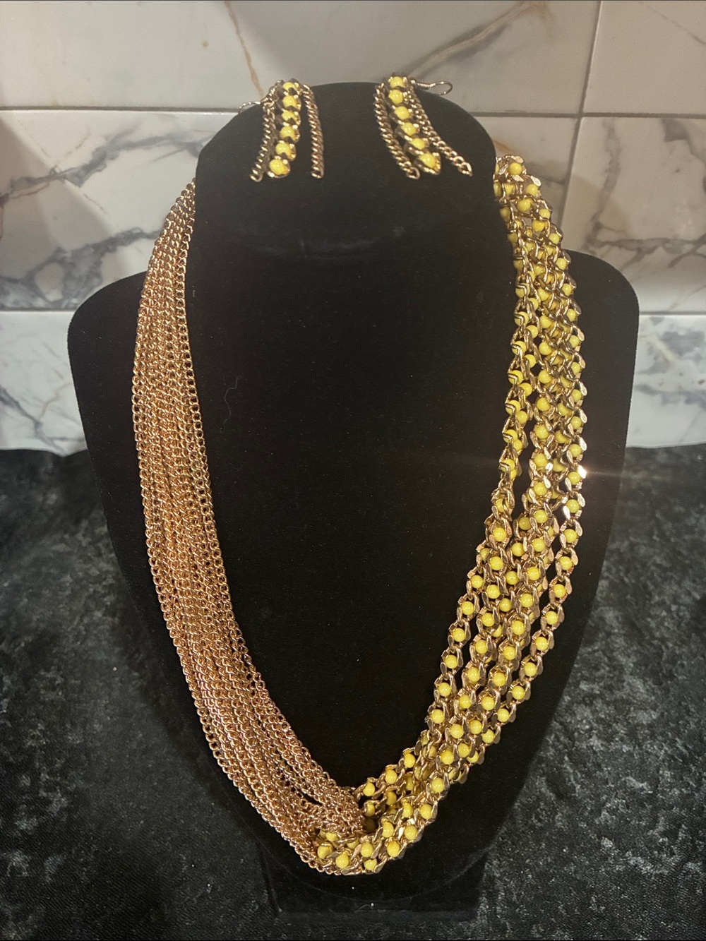 STUNNING Paparazzi Neon Yellow & Gold Multi-Strand Statement Necklace & Earring